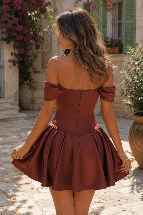 Brown A-Line Off-Shoulder Satin Mini Homecoming Dress