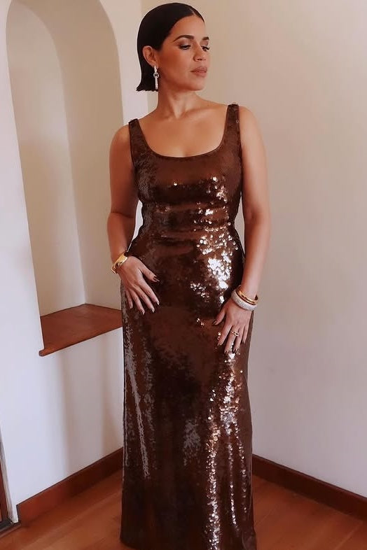 Brown Sequin Fitted Square Open Back Maxi Party Prom Dress