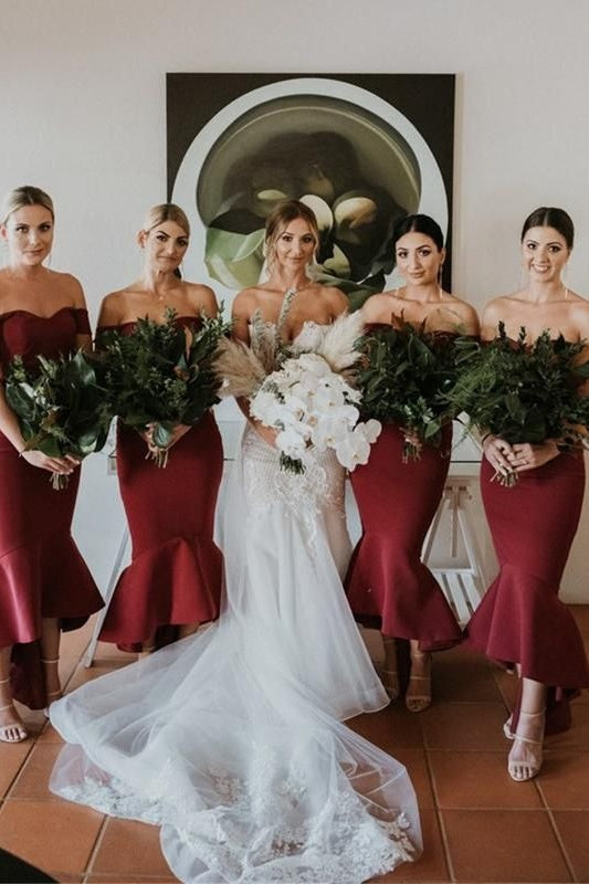 Burgundy Off-Shoulder Mermaid Ruffle High Low Bridesmaid Dress