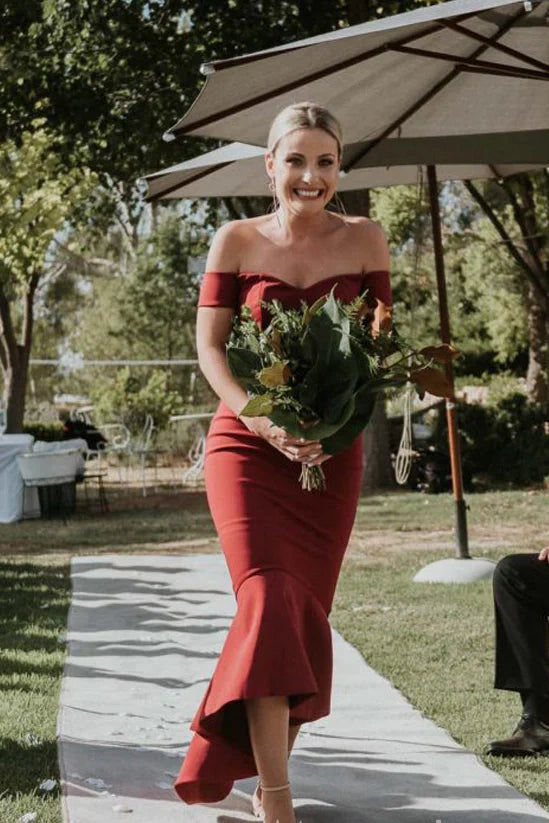 Burgundy Off-Shoulder Mermaid Ruffle High Low Bridesmaid Dress
