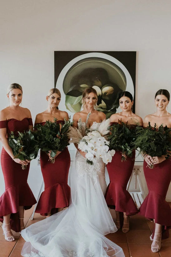 Burgundy Off-Shoulder Mermaid Ruffle High Low Bridesmaid Dress