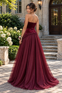 Burgundy Strapless Empire A-Line Velvet And Tulle Party Prom Dress
