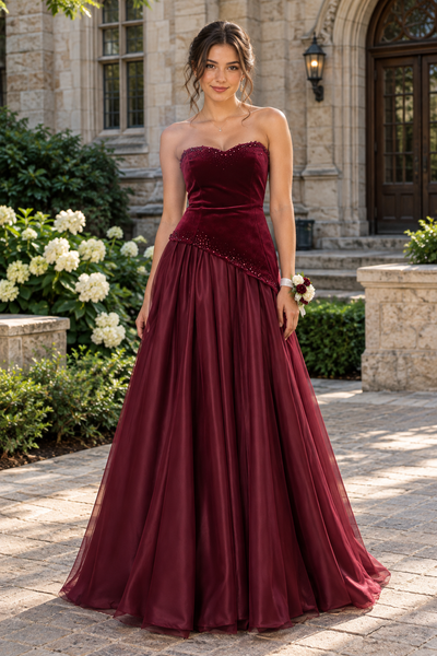 Burgundy Strapless Empire A-Line Velvet And Tulle Party Prom Dress
