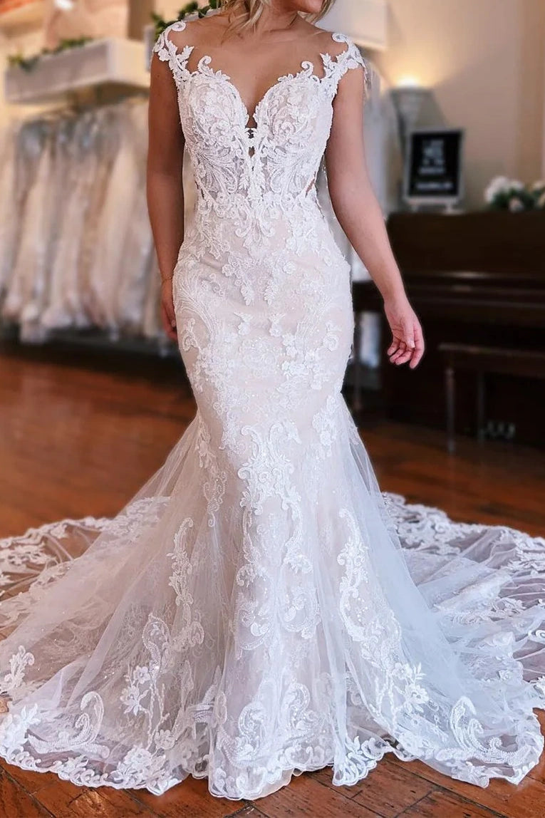 Cap Sleeves Sweetheart Empire Lace Mermaid Wedding Dress