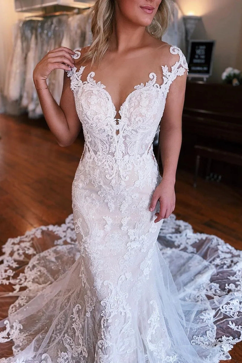 Cap Sleeves Sweetheart Empire Lace Mermaid Wedding Dress