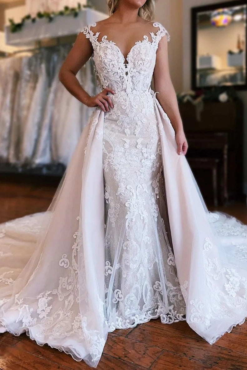 Cap Sleeves Sweetheart Empire Lace Mermaid Wedding Dress