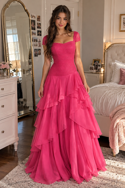 Cap Straps Sequin And Chiffon A-Line Tiered Party Prom Dress