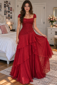 Cap Straps Sequin And Chiffon A-Line Tiered Party Prom Dress