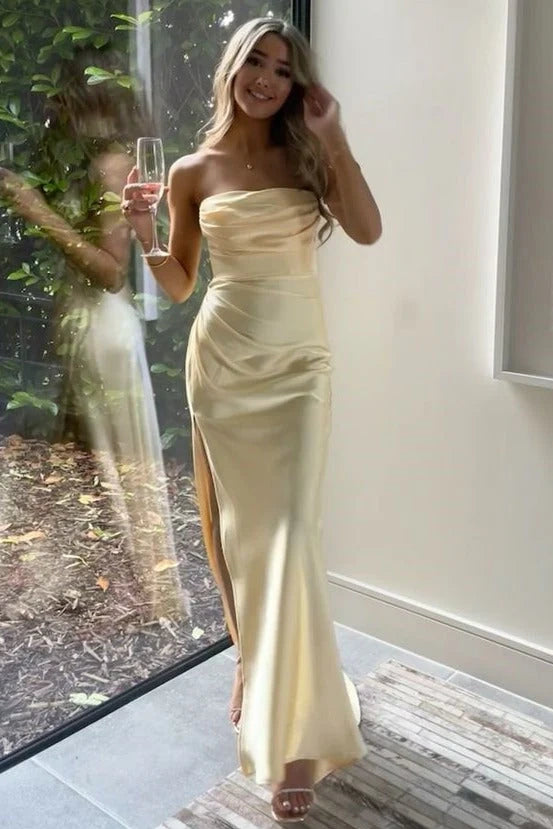 Casual Fitted Empire Strapless Satin Party Prom Dress With Split