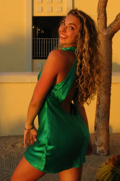 Casual High Neck Open Back Satin Sheath Homecoming Dress
