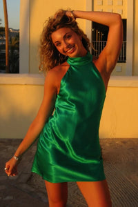 Casual High Neck Open Back Satin Sheath Homecoming Dress