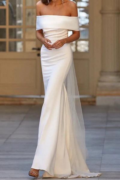 Casual Off-Shoulder Satin Mermaid Wedding Dress With Train