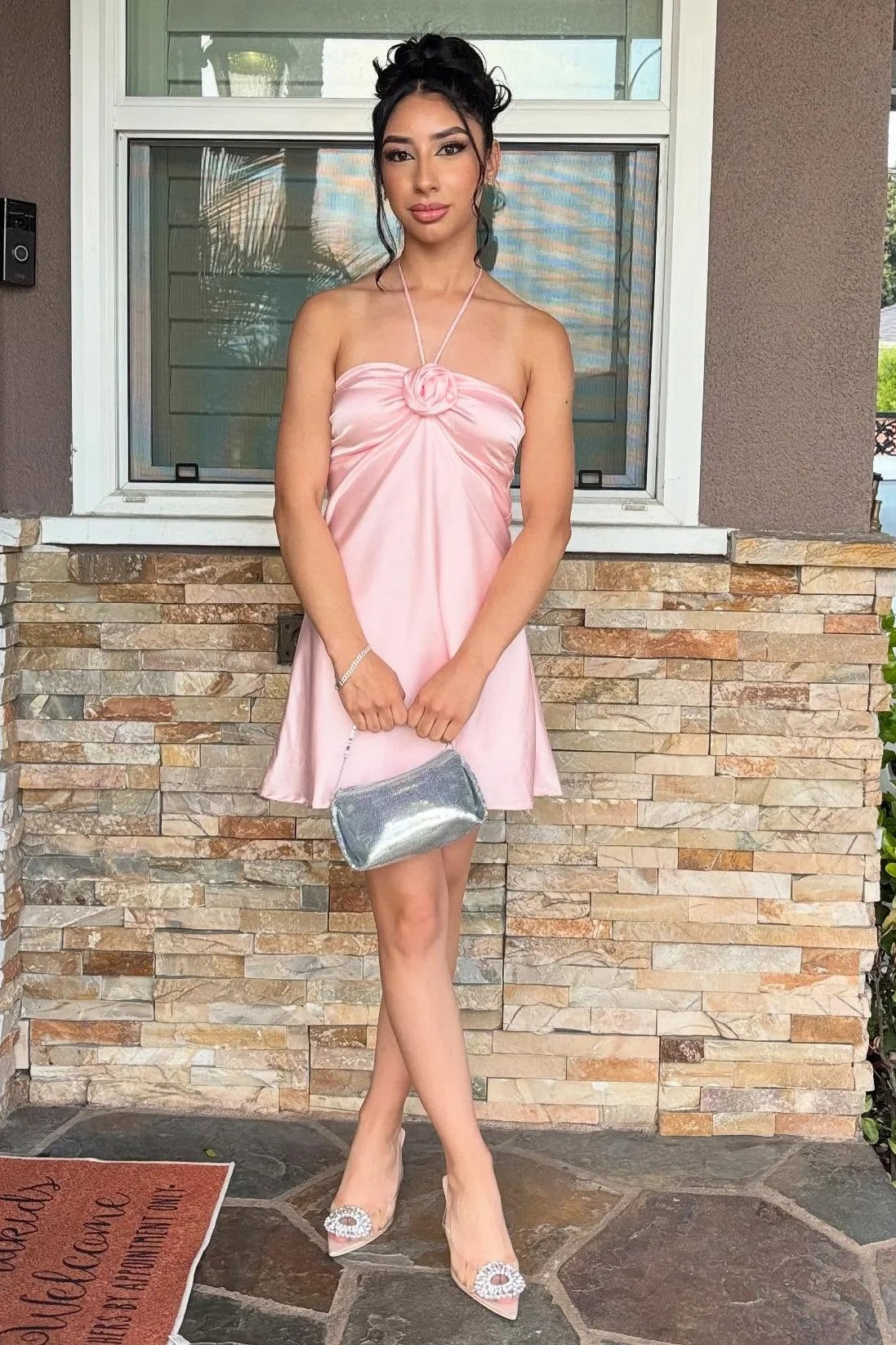 Casual Satin A-Line Halter Floral Mini Party Homecoming Dress