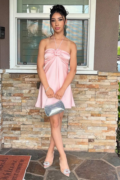 Casual Satin A-Line Halter Floral Mini Party Homecoming Dress