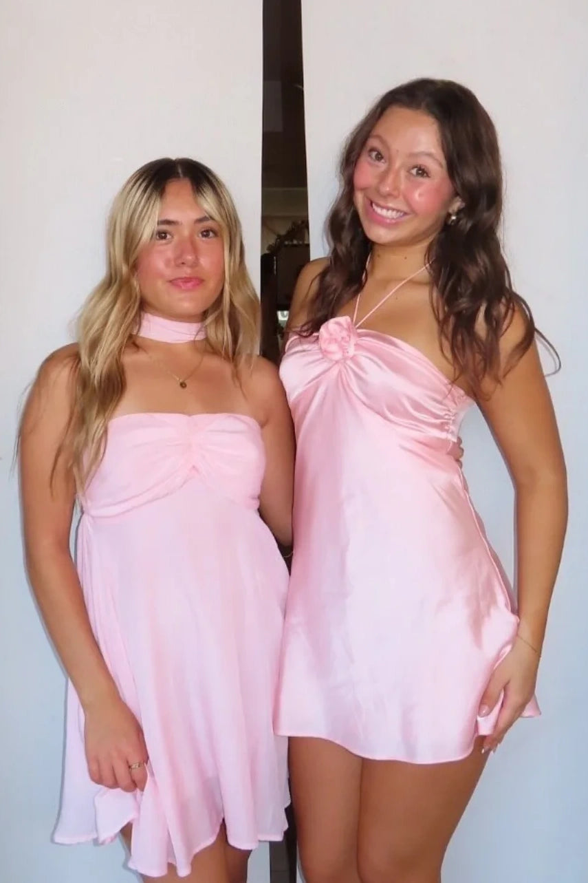 Casual Satin A-Line Halter Floral Mini Party Homecoming Dress