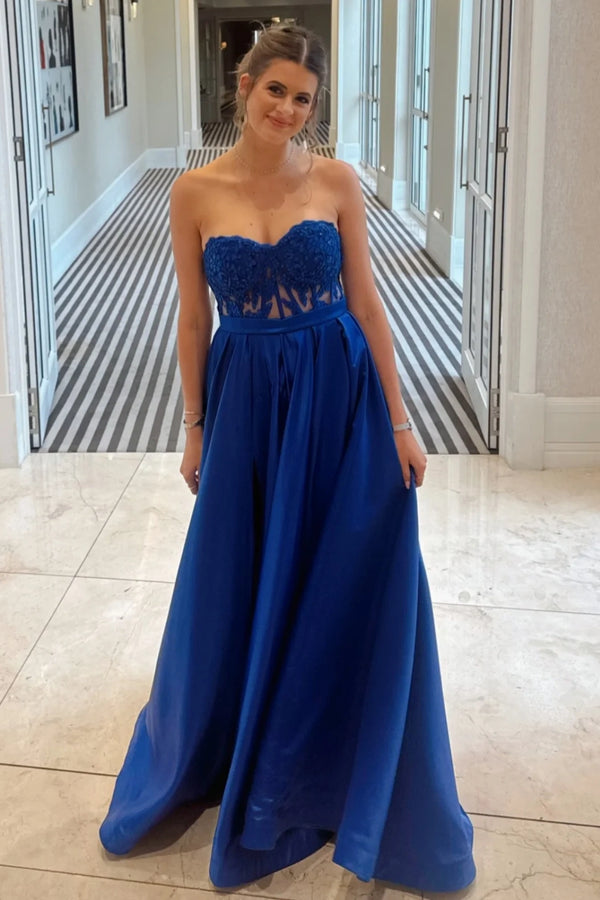 Casual Satin A-Line Lace Top Sweetheart Strapless Party Prom Dress