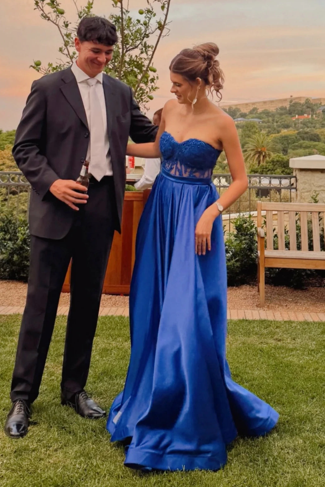 Casual Satin A-Line Lace Top Sweetheart Strapless Party Prom Dress