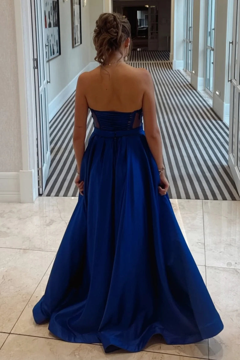 Casual Satin A-Line Lace Top Sweetheart Strapless Party Prom Dress