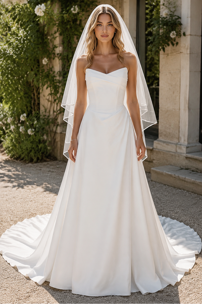 Casual Satin A-Line Strapless Summer Wedding Dress With Train 