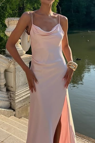 Casual Satin Backless Spaghetti Straps Party Prom Dress With Train