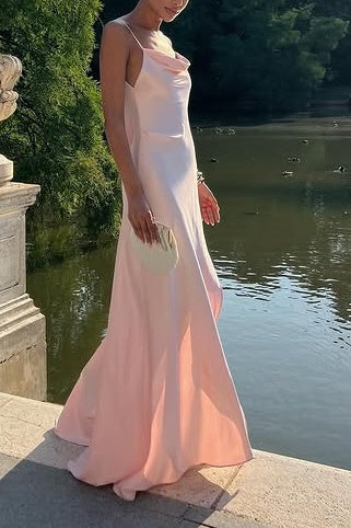 Casual Satin Backless Spaghetti Straps Party Prom Dress With Train