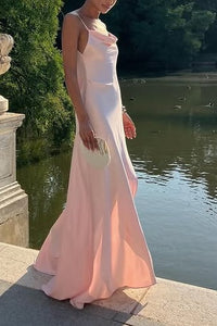 Casual Satin Backless Spaghetti Straps Party Prom Dress With Train