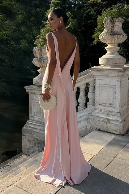 Casual Satin Backless Spaghetti Straps Party Prom Dress With Train