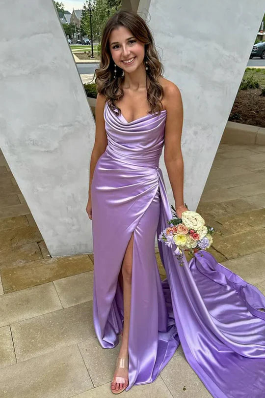 Casual Satin Boat Strapless Ruched Empire Party Prom Dress With Train
