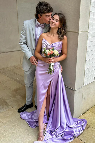 Casual Satin Boat Strapless Ruched Empire Party Prom Dress With Train