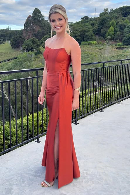 Casual Satin Boat Strapless Wedding Party Dress With Slit 