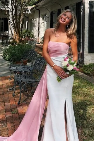 Casual Satin Fitted Strapless Party Prom Dress With Train