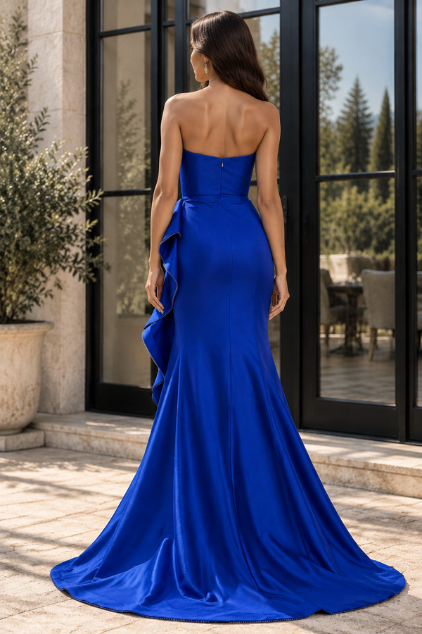 Casual Satin Mermaid Strapless Empire Ruffle Split Party Prom Dress