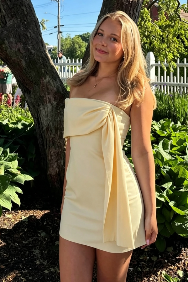 Casual Satin Sheath Strapless Yellow Mini Homecoming Dress