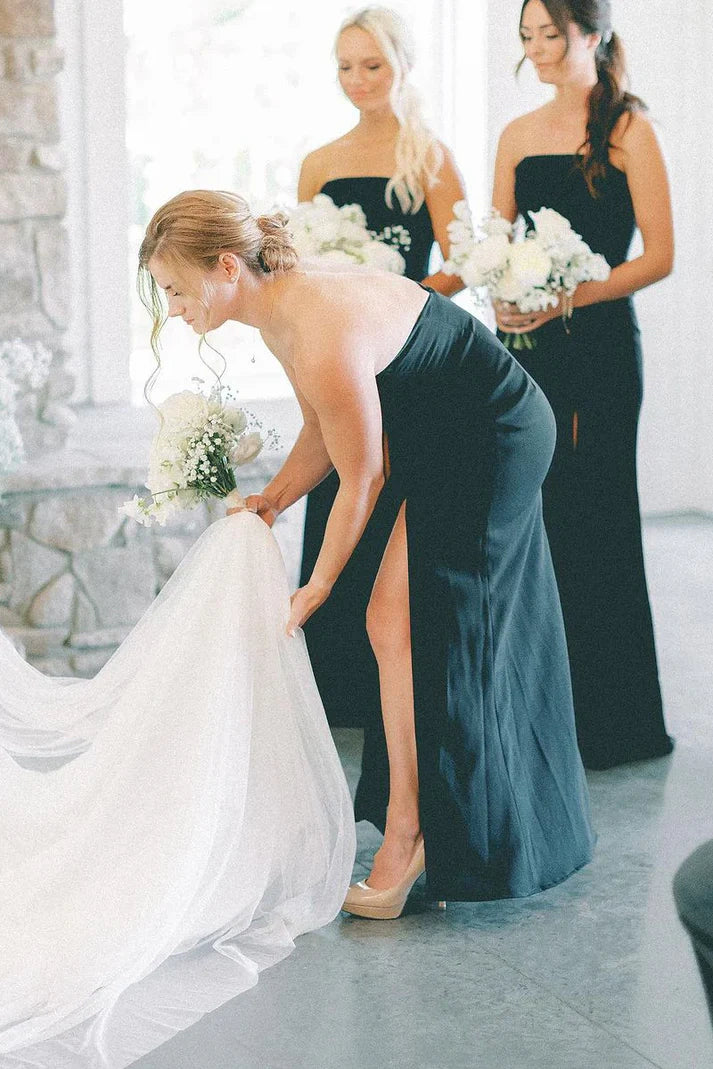 Casual Satin Strapless Floor-Length Split Bridesmaid Dress