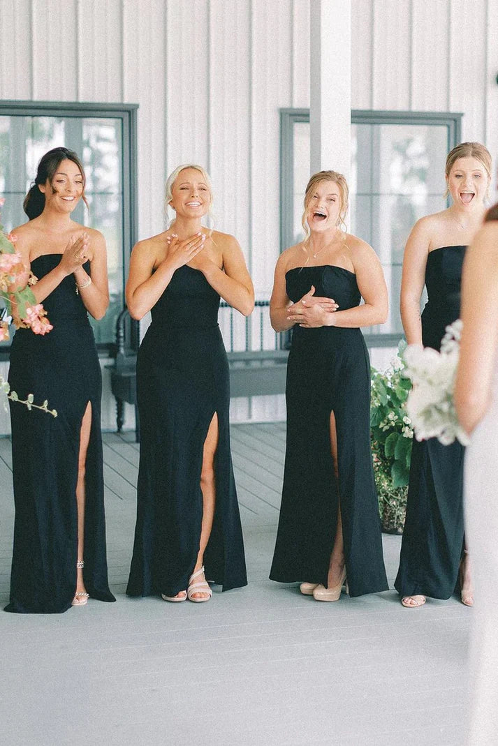 Casual Satin Strapless Floor-Length Split Bridesmaid Dress
