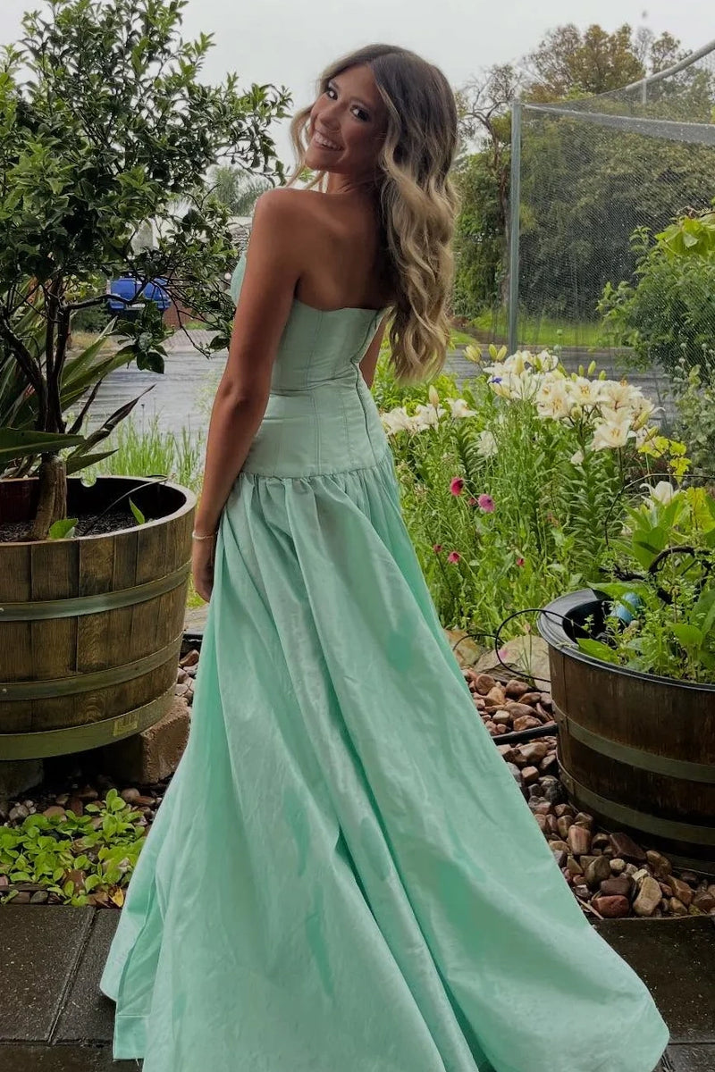 Casual Satin Strapless Mint Green Maxi A-Line Party Prom Dress