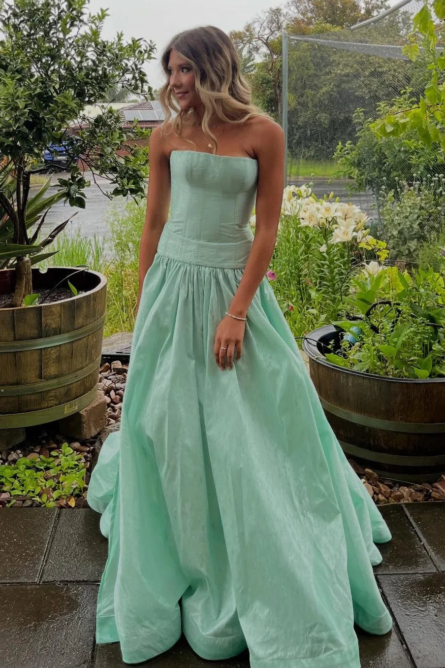 Casual Satin Strapless Mint Green Maxi A-Line Party Prom Dress