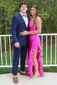 Casual Satin Strapless Party Prom Dress With Ruffle Leg Slit 