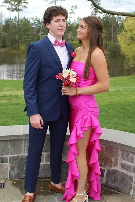 Casual Satin Strapless Party Prom Dress With Ruffle Leg Slit 