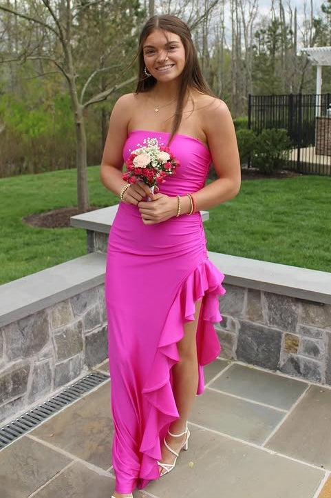 Casual Satin Strapless Party Prom Dress With Ruffle Leg Slit 