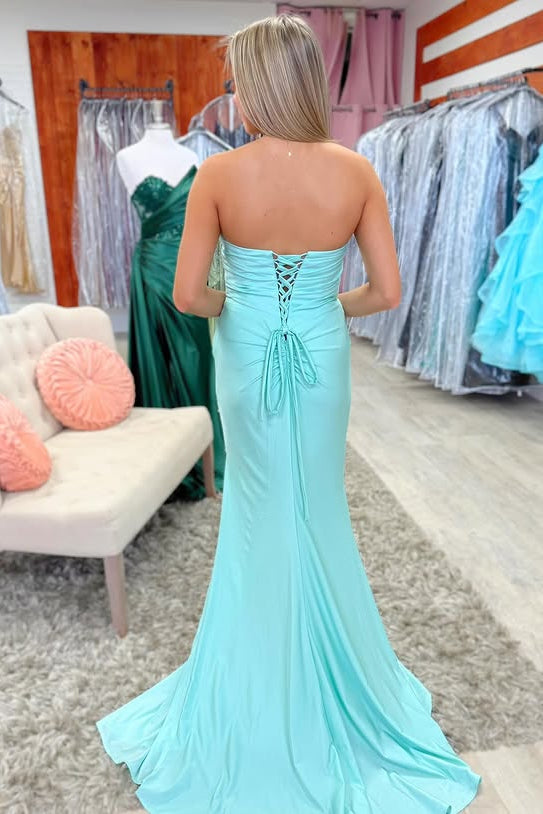 Casual Satin Strapless Ruched Party Prom Dress With Side Slit