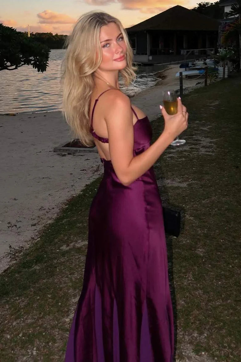 Casual Spaghetti Straps A-Line Satin Party Prom Dress