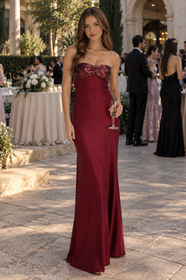 Casual Strapless Open Back Sequin Top Satin Mermaid Party Prom Dress