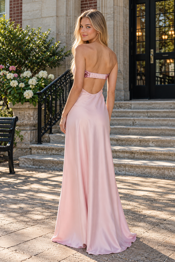 Casual Strapless Open Back Sequin Top Satin Mermaid Party Prom Dress