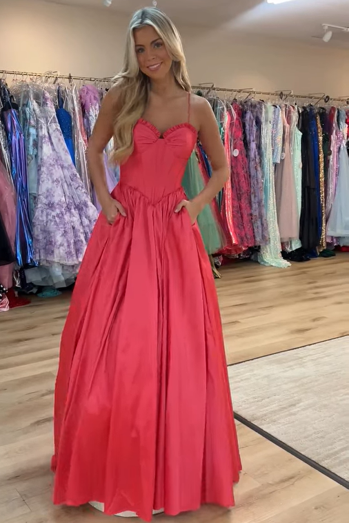 Casual Sweetheart Spaghetti Straps A-Line Satin Party Prom Dress