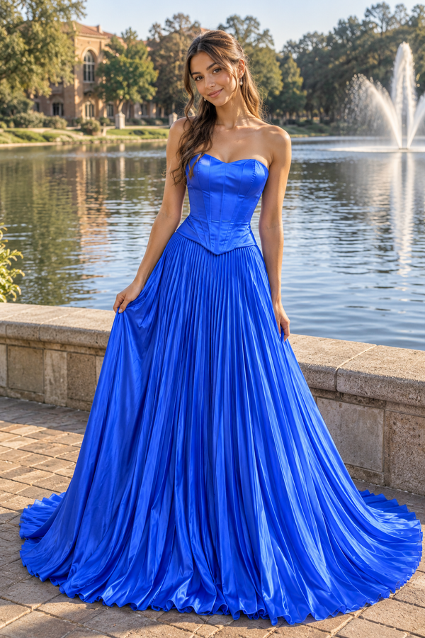 Casual Sweetheart Strapless A-Line Satin Empire Pleated Party Prom Dress