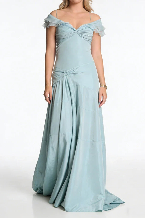 Chic A-Line Ruffle Straps Long Party Prom Dress With Train