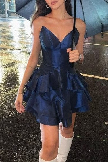 Chic A-Line Satin V-Neck Strapless Ruffle Party Homecoming Dress
