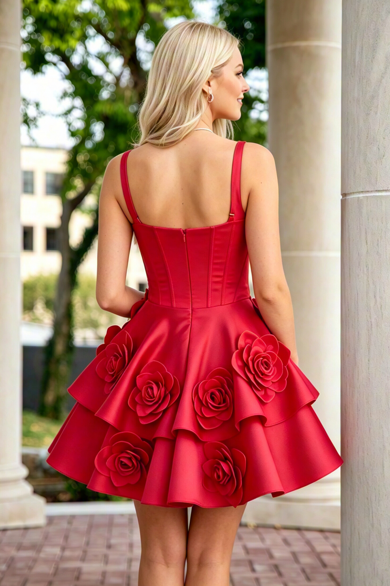 Chic A-Line Sleeveless 3D Floral Tiered Mini Homecoming Dress