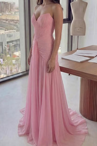 Chic Chiffon A-Line Sweetheart Strapless Pleated Party Prom Dress